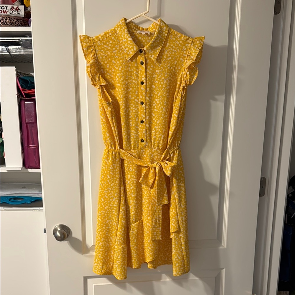 Stella Tweed Yellow Mini Sundress with Ruffled Flutter Sleeves and Polo Collar